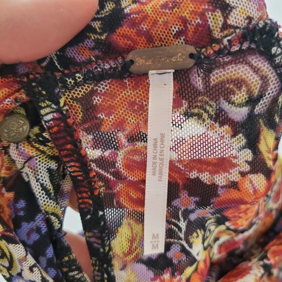 Free People Blouse Womens Medium Black Floral Sheer Mesh Long Sleeve Ruffle Neck - Picture 7 of 8